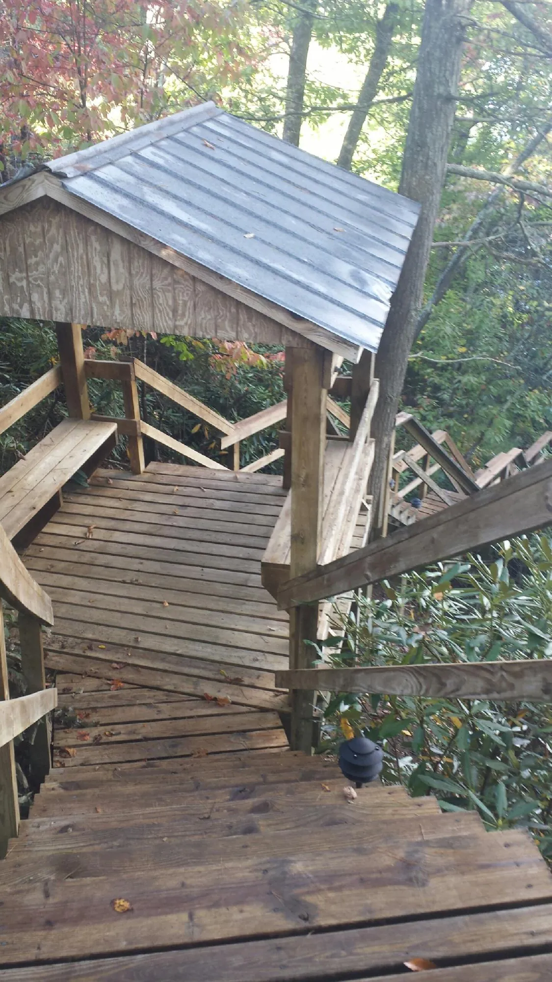 Metal roofed shelter over wooden steps on a wooded walkway — Skylight Repair & Installation work by our crew in Belton